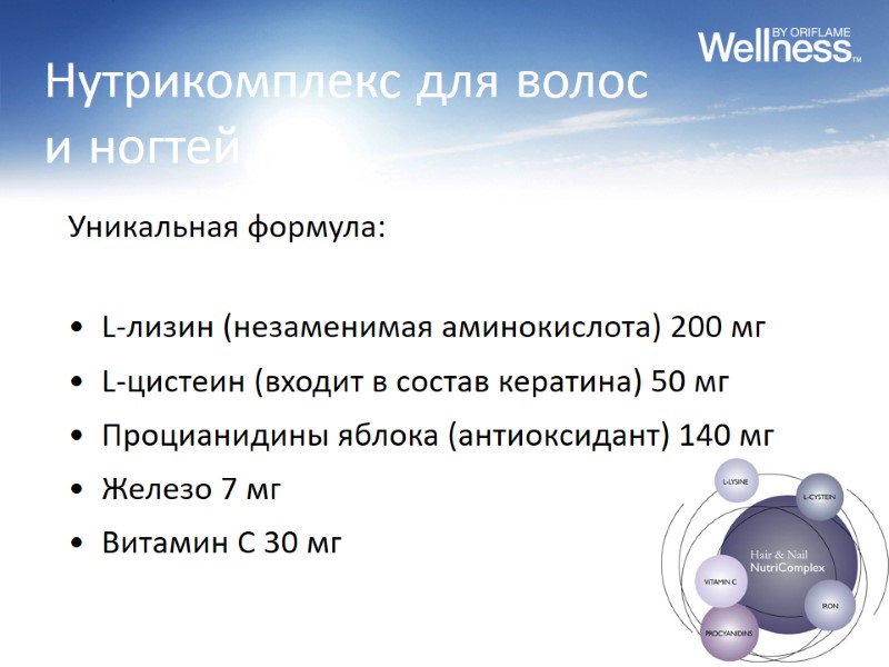 Нутрикомплекс для волос и ногтей Уникальная формула:   L-лизин (незаменимая аминокислота) 200 мг